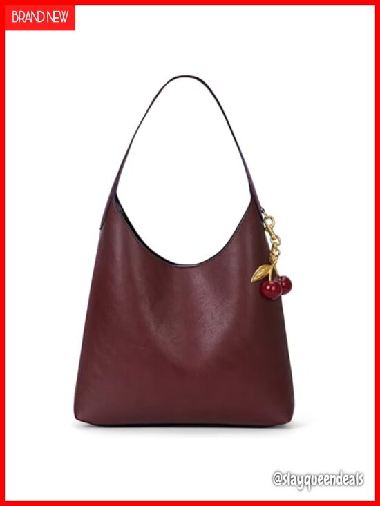 Handbags - Faux Suede Vegan Leather Hobo Bag for Women Slouchy Shoulder Tote with Cherry